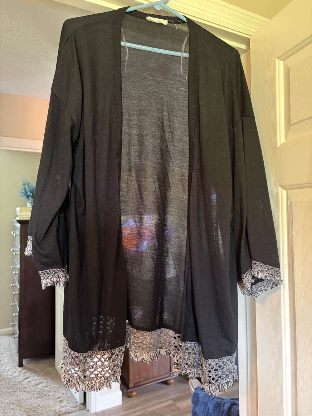 Emerald Black Open-Front Cardigan with Crochet Trim
